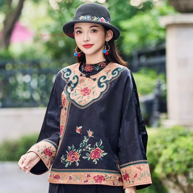 

2025 chinese vintage coat national flower embroidery satin jacquard o-neck jacket ethnic folk jacket oriental retro hanfu tops