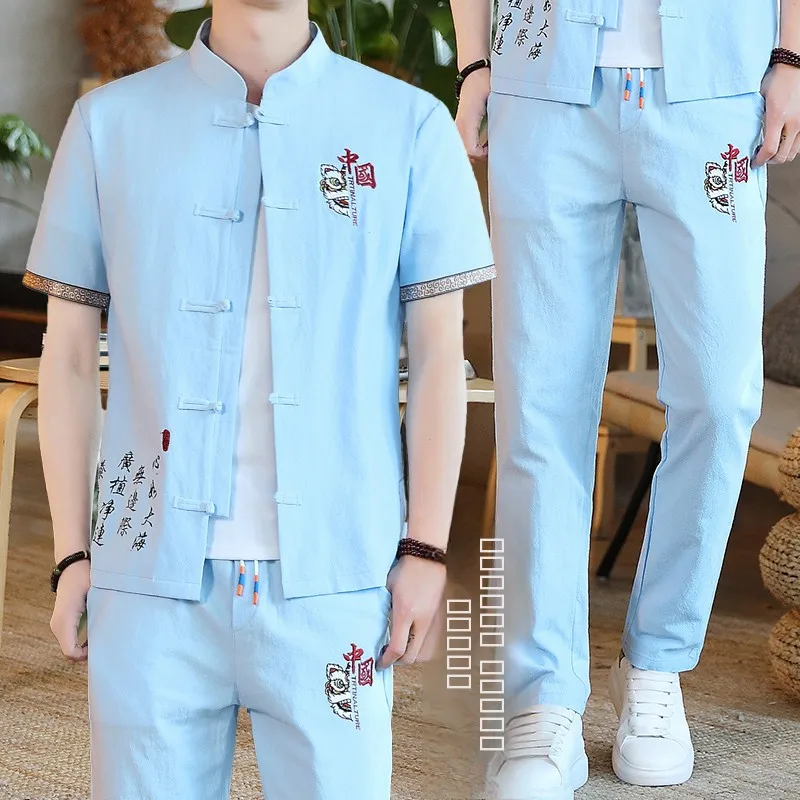 

Летний комплект из хлопка и льна для мужчин: повседневная футболка и брюки в винтажном стиле, костюм Тан, Ханьфу, с вышивкой, свободный крой, модный