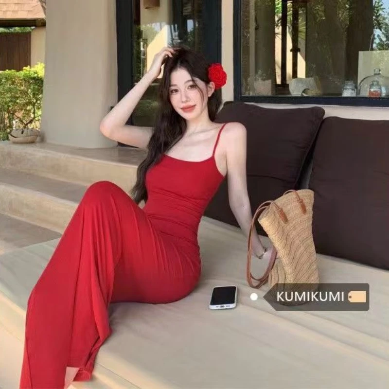 Slim Woman Dresses Trumpet Solid Sweet Spicy Solid Simple Chic Soft Korean Style All-match Streetwear Casual Summer Sundress
