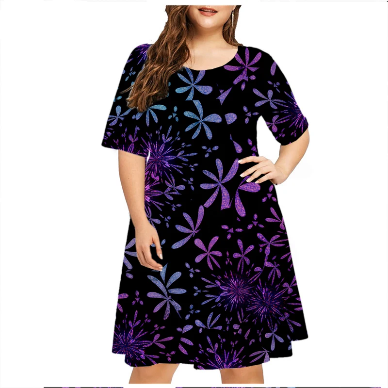 5XL 6XL Plus Size Women Dresses Summer Floral Print Dress Fashion Flower Power Hippie Short Sleeve Loose Dress Sundress Vestidos