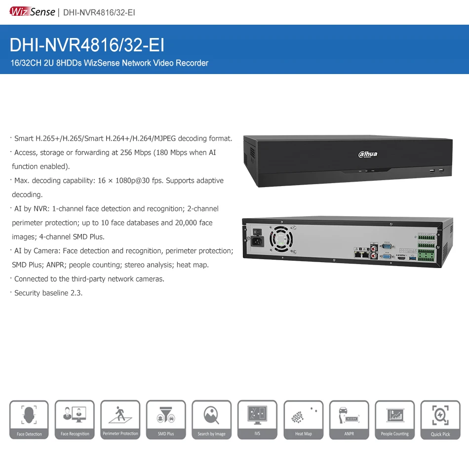 Dahua NVR NVR4832-EI 32CH 2U 8HDDs WizSense Network Video Recorder AI Smart Human Vehicle Face ANPR SMD 16MP NVR