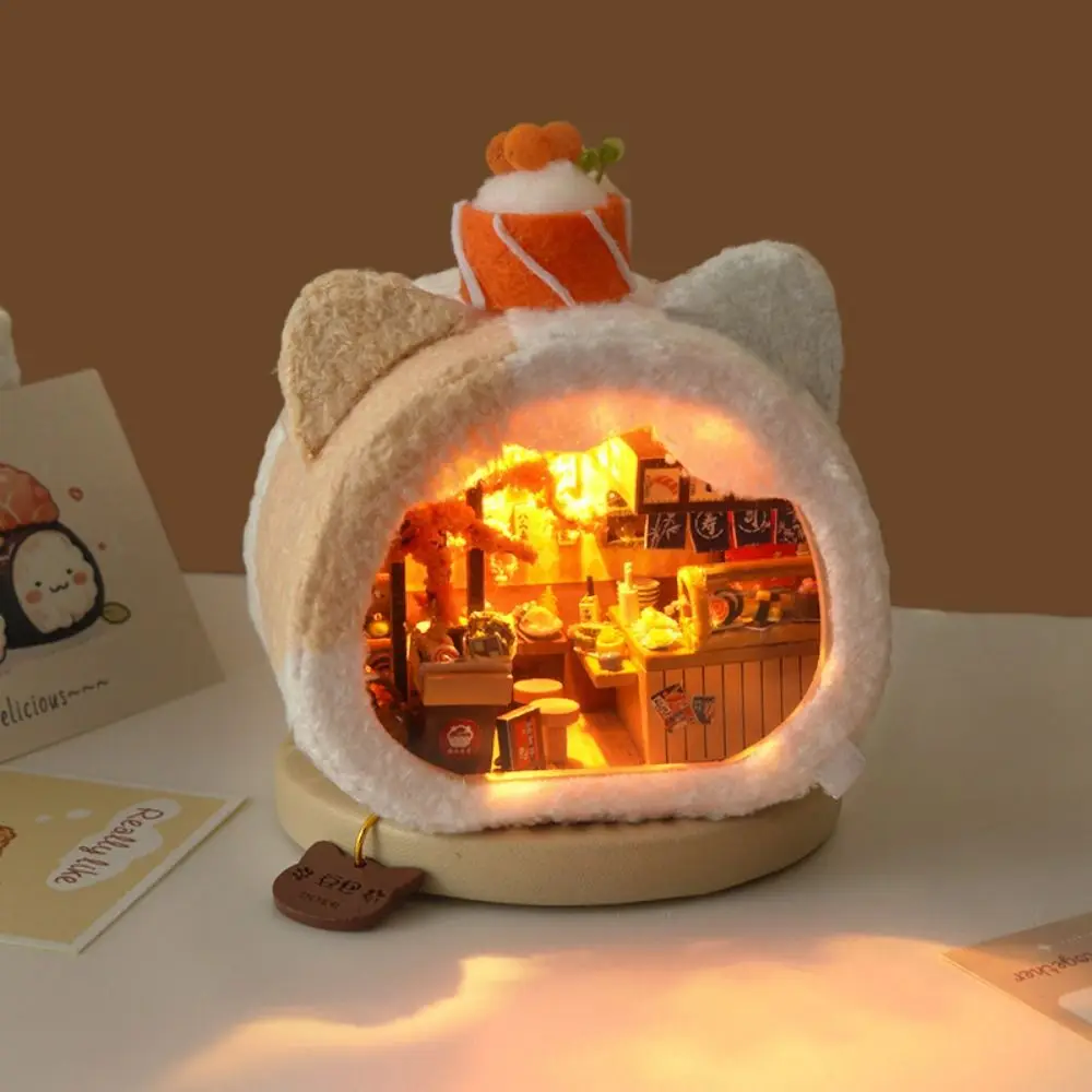 Mini maison de poupée en bois faite à la main, lampe LED, artisanat, Kit de fabrication de petite maison, peluche, lueur chaude, jouets de construction miniatures mignons