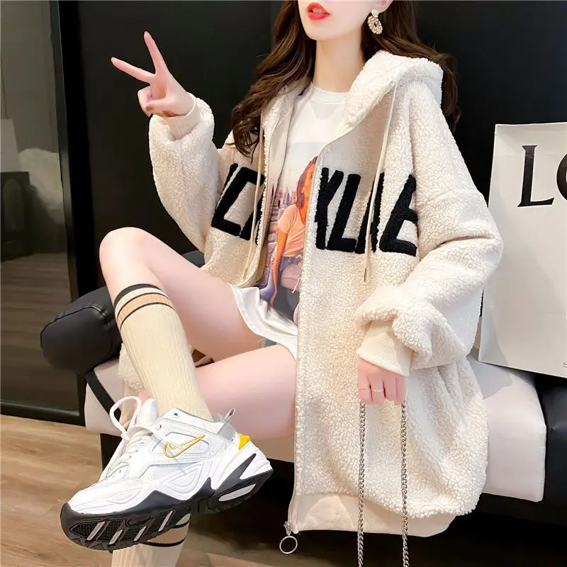 Fashion Zipper Casual Letter Hoodies Sweatshirts Female Clothing 2024 Autumn Winter New Loose Korean Tops All-match Sweatshirts