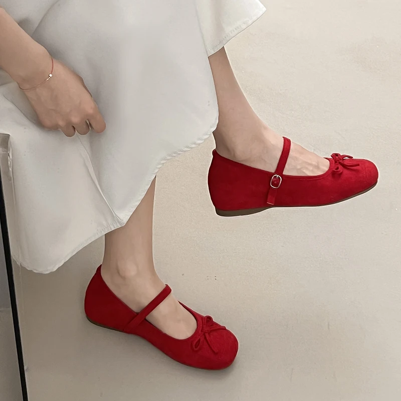 Summer New Ballet Flats with Suede Uppers and Bow Details Classic and Casual Breathable Style One-strap Design for Ladies' Shoes