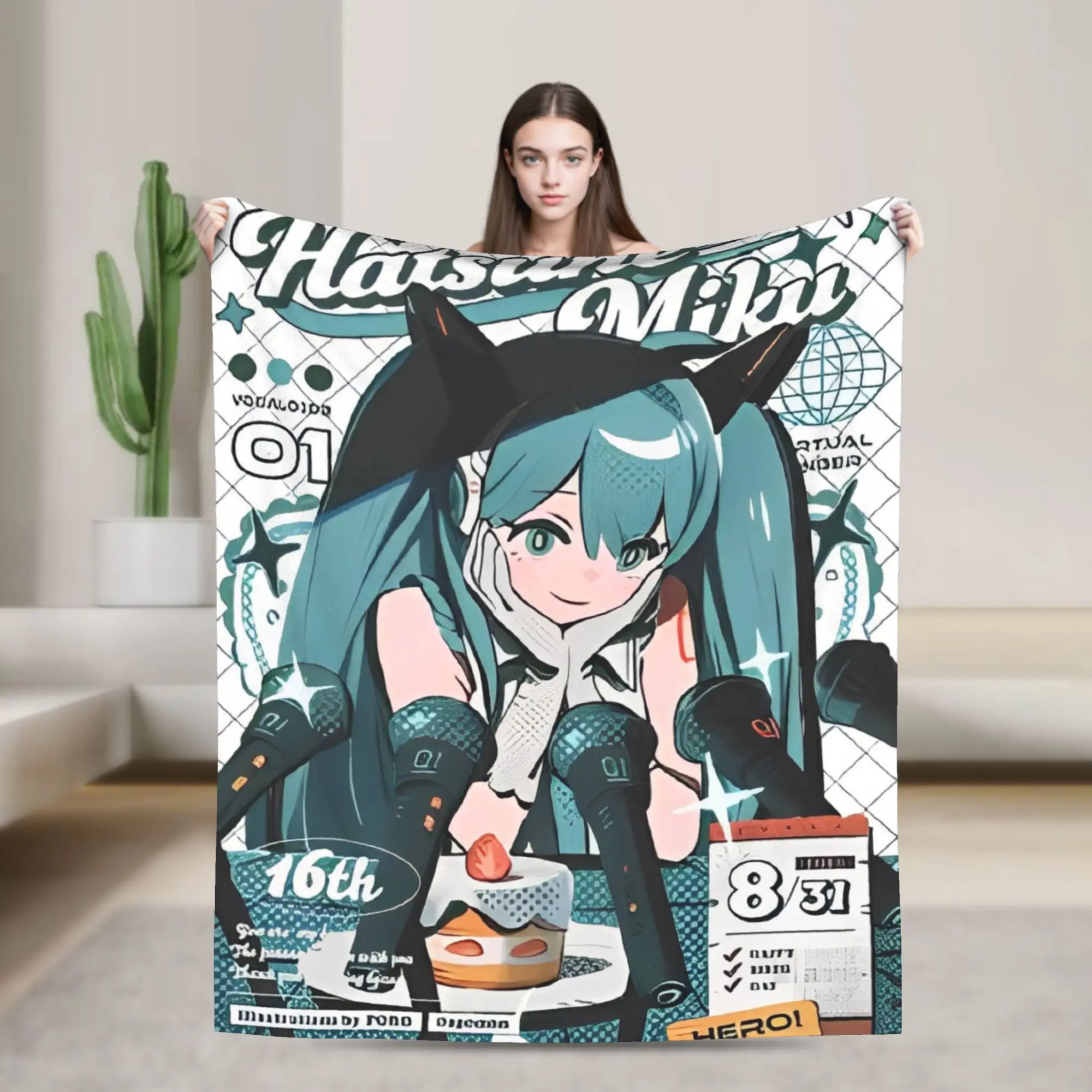 Hatsunes Mikus Blankets Fleece Spring/Autumn Manga Breathable Soft Throw Blanket for Bedding Car Quilt
