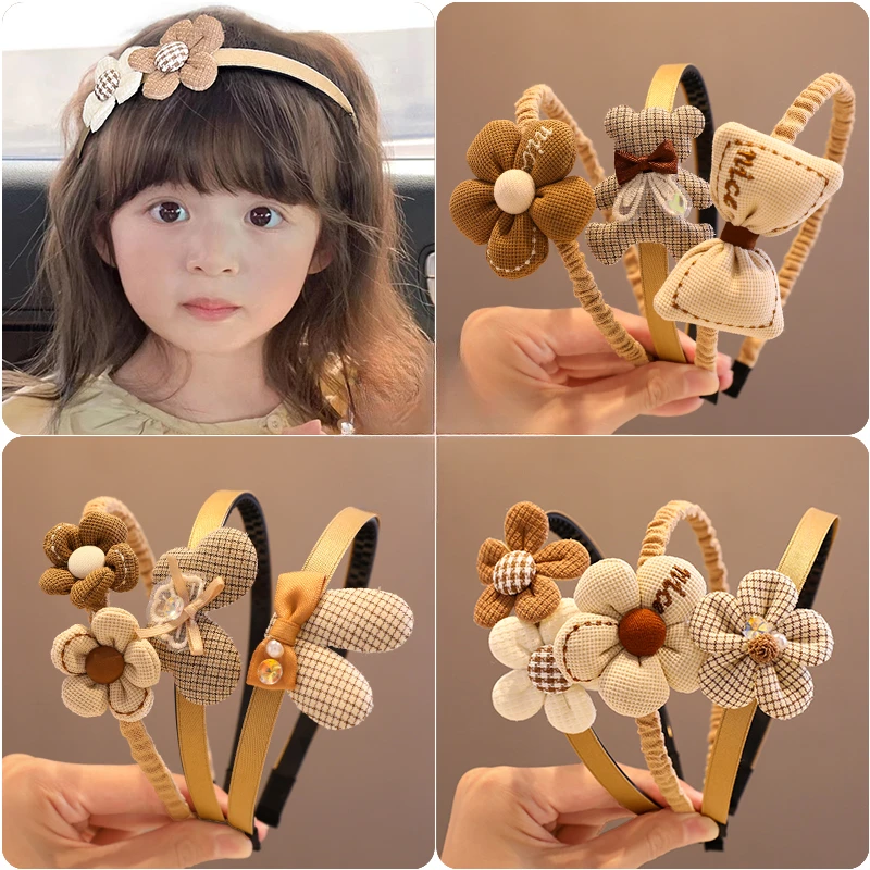 2023 New Children Lovely Coffee Color Cartoon Heart Flower Bow Ornament Headbands Baby Girl Cute Hair Hoop Kids Hair Accessories