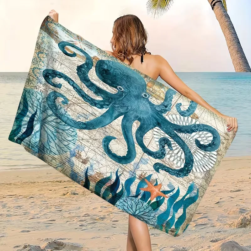 Vintage Nautical Seahorse Beach Towel Antique World Map Compass Print Quick Dry Beach Blanket Ocean Explorer Style Soft Towel