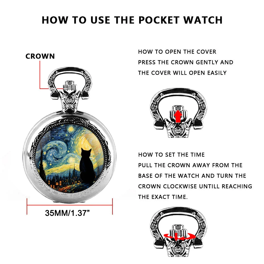 Fashion Starry Sky Cat Theme Pattern Pocket Watch Women Men Children Pendant Necklace Jewelry Watches Gift
