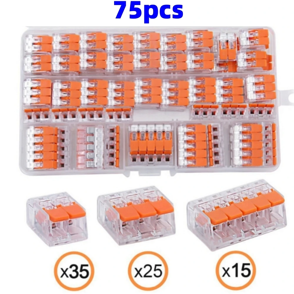 75Pcs Lever Wire Connectors Assortment Pack Compact Splicing Connector Kit for Electrical Wires 2 Port 3 Port 5 Port