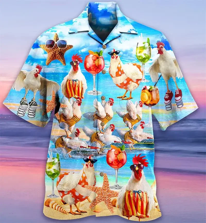Newest Loose Breathable 3D Print Trendy Cool Fashion Chicken Shirts Beach Hawaiian Top Short Sleeves Summer Men's Men Tee