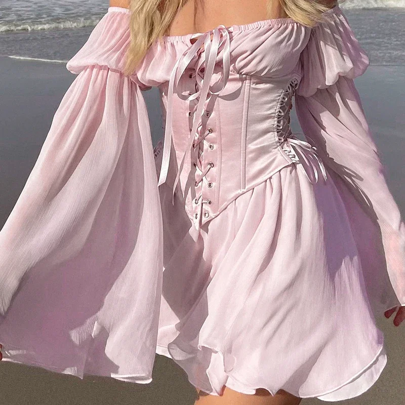 

korean Pink Chiffon Twill Collar Mini Dress Ladies Summer Beach Holiday Long Sleeve Corset Bandage Dress Party Casual Dress