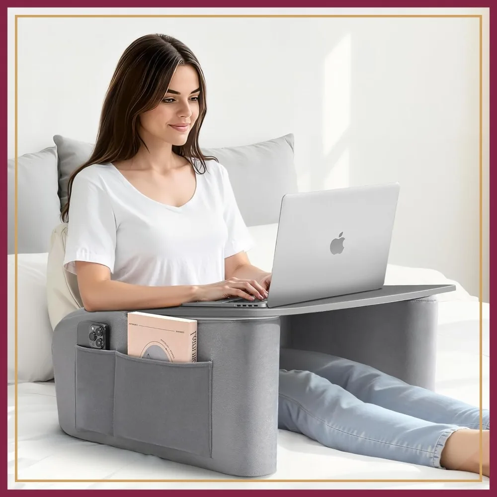 

Ergonomic Reading Pillow for Gaming with Arm Rests, Wooden Lap Desk, Side Pockets for Bed, Couch or Floor Use