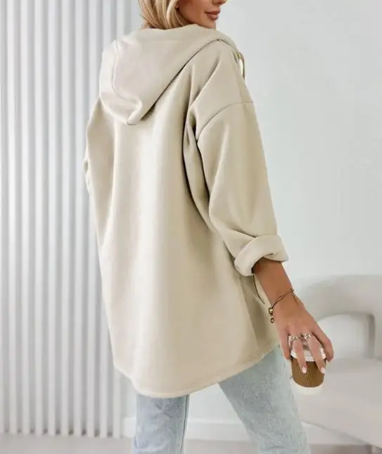 

Women's Jacket 2025 Spring Autumn New Solid Color Minimalist Hooded Pocket Design Long Sleeve Casual Windbreaker Jacket
