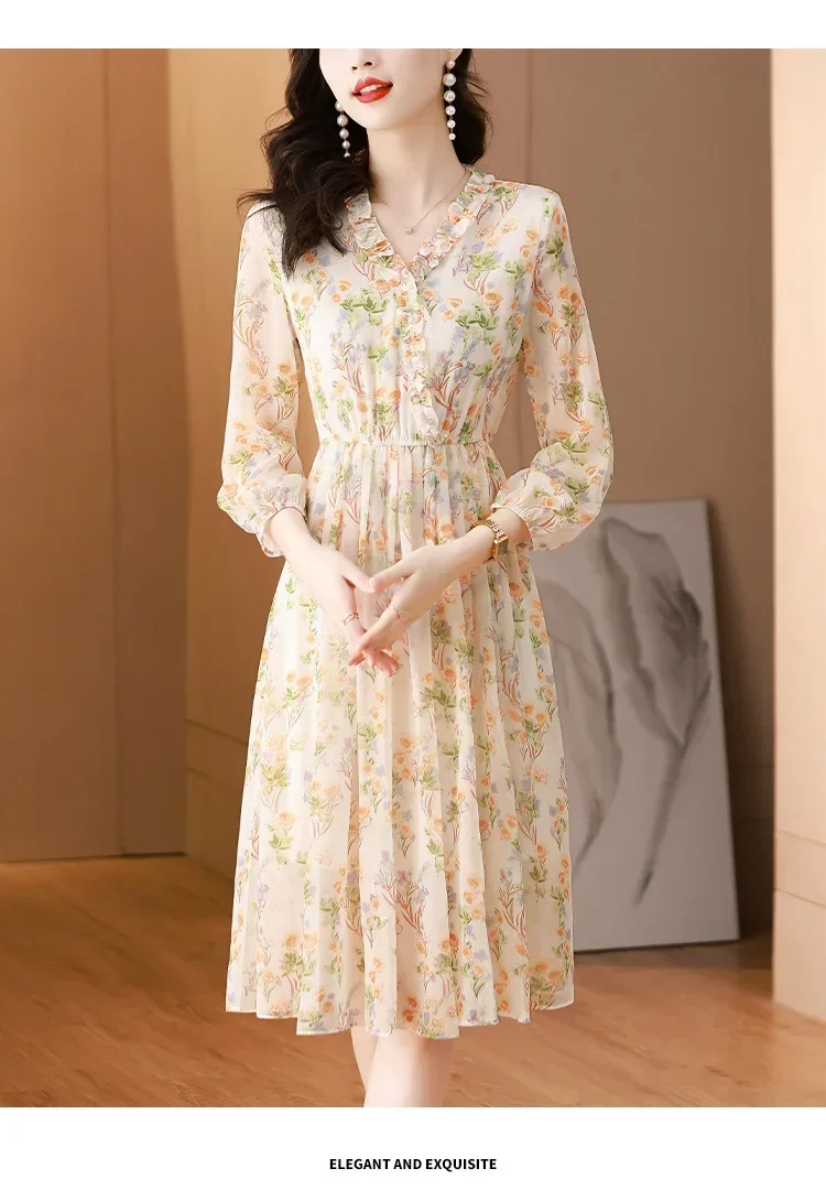 Robe en mousseline de soie à fleurs pour femmes, nouveau style de mode, col en V, coutures épissées, mince, mi-longue, robe d'été, printemps, été