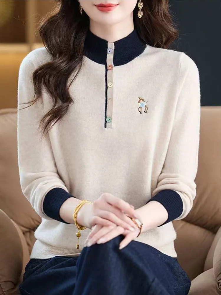 

Повседневный универсальный простой вязаный свитер для женщин в корейском стиле, с длинным рукавом, облегающий базовый свитшот с круглым вырезом