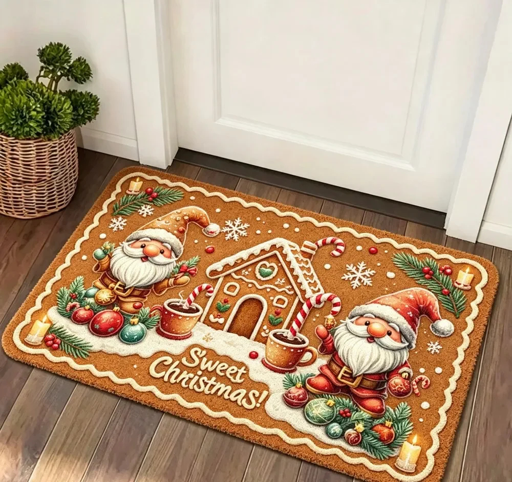 Ho Ho Holidays Plaid Rug Drum Bell Candy Cane Print Non Slip Washable Floor Mat For Cheerful Winter Holiday Home Entrance Decor