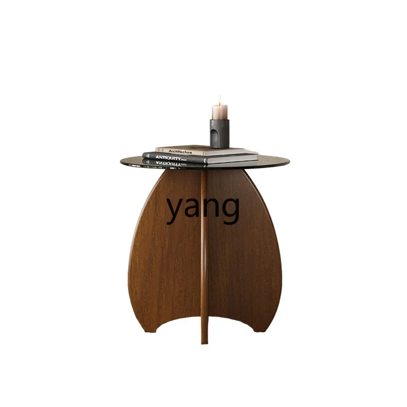 

LMM Simple Sofa Edge Silent Coffee Table Small Table Home Living Room Tempered Glass Solid Wood Small round Table