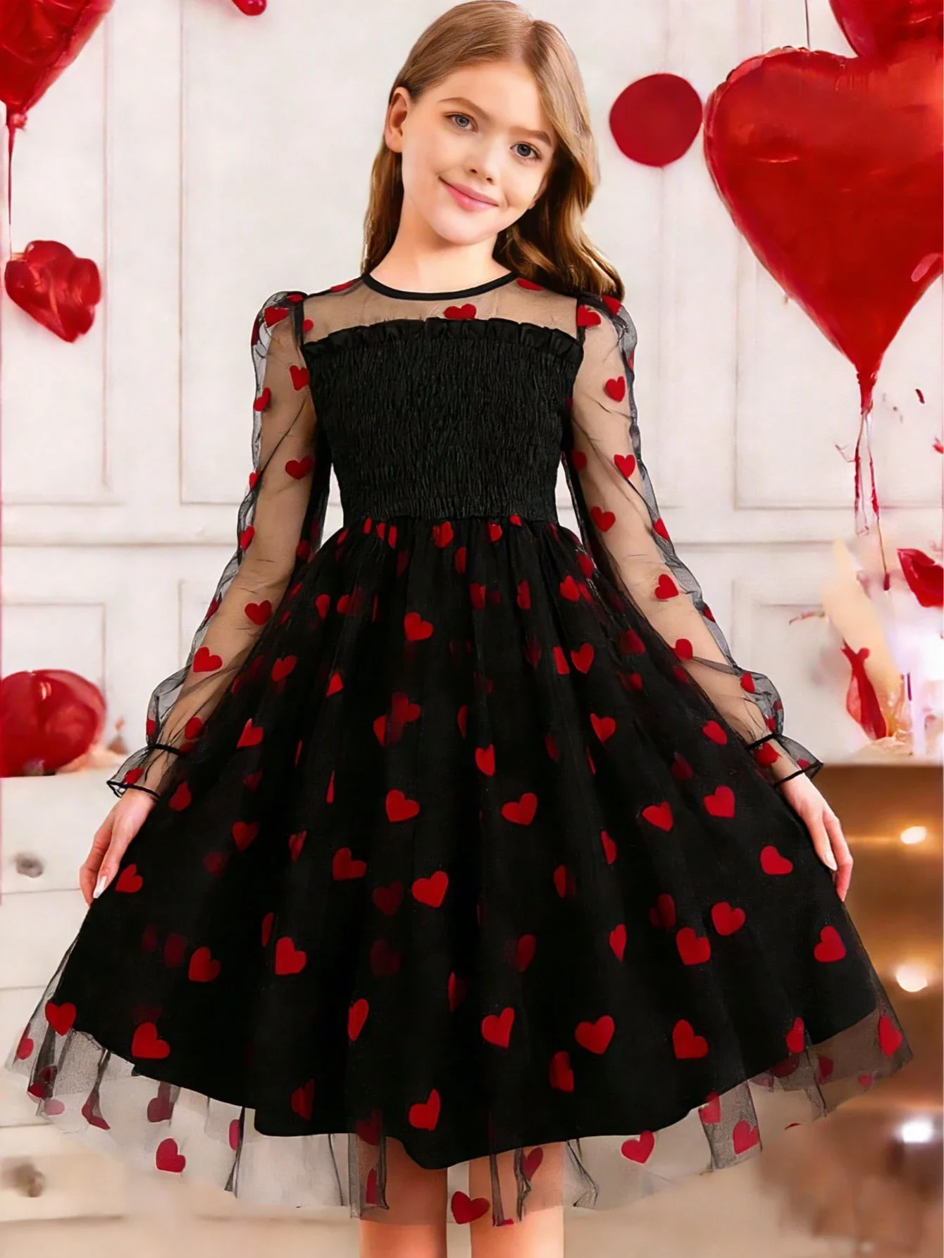 

Black Heart Print Mesh Overlay Dress For Women, Smocked Bodice, Long Sleeve, A-Line