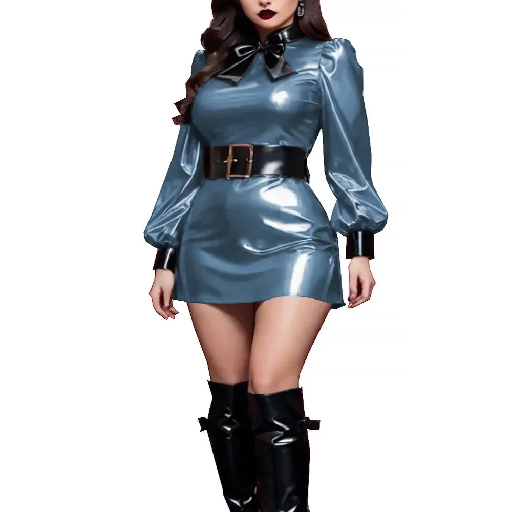 Plus Size Glossy PVC Leather Dress for Women Elegant High Waist  A-line Dress with Fantasy Bowknot Party Club Stage Apparel