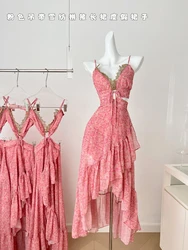 Summer Women French Vintage Midi Chiffon Floral Dress Coquette Gyaru Spaghetti Strap Frock Irregular Design One-Piece Shoujo New