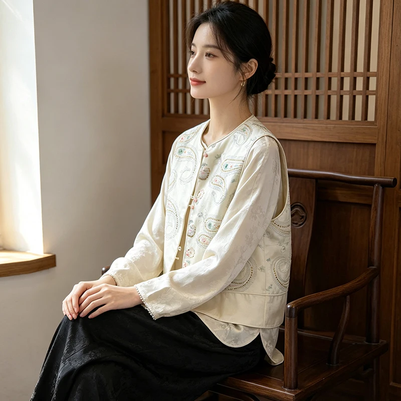 New Chinese Style Embroidered Heavy Work Buttoned Autumn Top Wide Leg Pants Set Vintage Ancient Fashion Women's Clothing