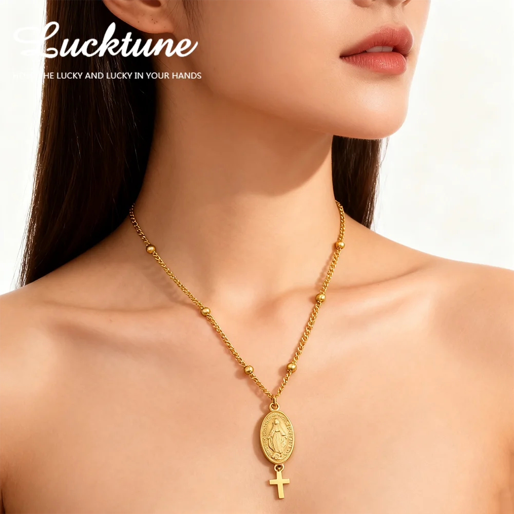 Lucktune, virgen de guadalupe,virgen del carmen collar de Nuestra Señora Virgen María con colgante de Cruz, collar de acero inoxidable para mujer, regalos de joyería cristiana para madre de Dios