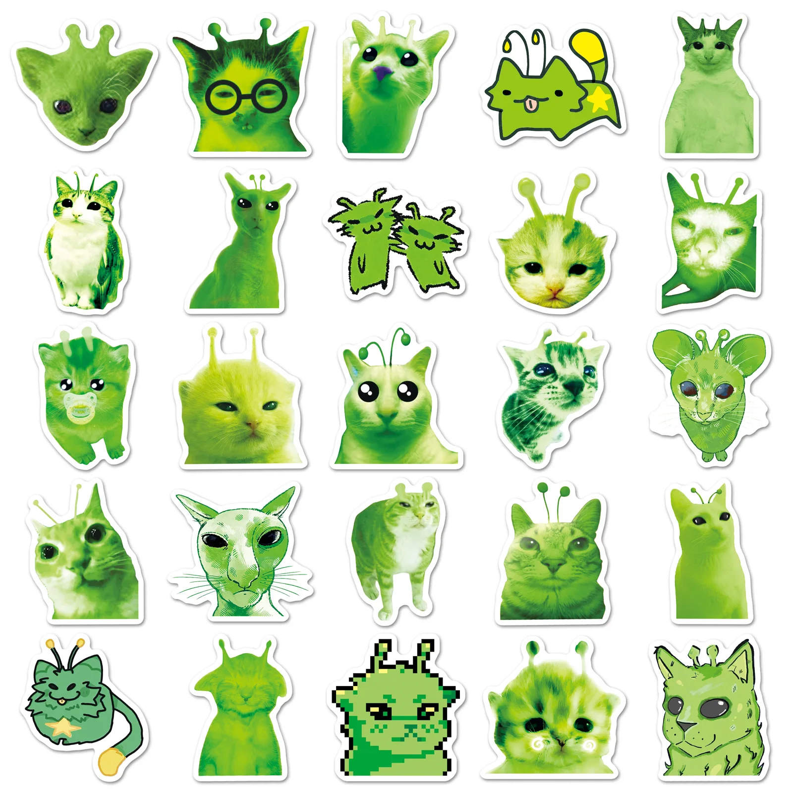 10/50 Pezzi Adesivi Gatto Alieno Astratto Meme Divertente Gatto Animale Verde per Computer Notebook Cancelleria Fai da Te Giocattoli Segreti