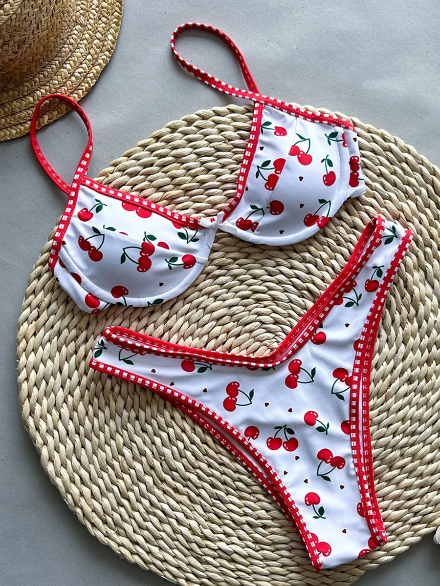 Cherry Print Underwired Brazilian Bikini Women Swimwear Female Swimsuit Two-pieces Bikini Set Push Up Bather Bathing Suit Swim