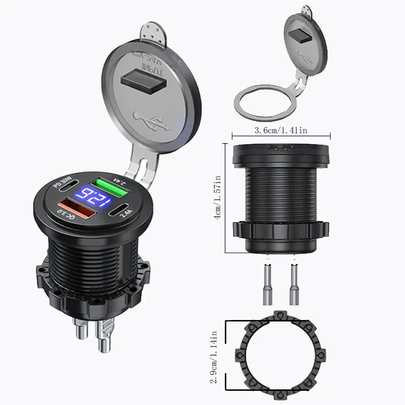 Multi-Port-Autoladegerät PD QC3.0 USB-Ladebuchse mit digitalem Voltmeter 12V/24V für Motorrad, Auto, Boot, Marine, LKW, Bus – Detail 3