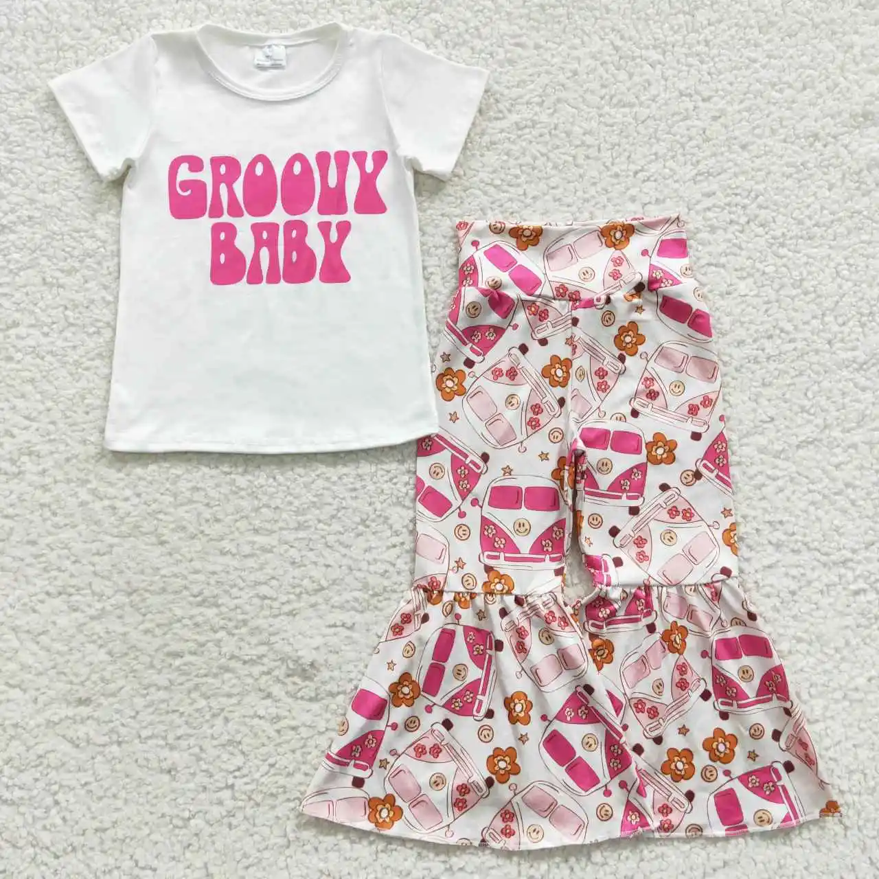 8.04 GSPO0718 Baby Girl Clothing Short Sleeve Top With Bell Bottom Pants 2 Pieces Kids Boutique Outfits