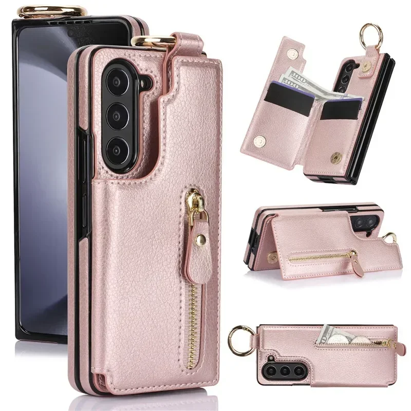 For Samsung Galaxy Z Fold 6 5 4 3 Case Wallet PU Leather Ring Zipper Flip with Card Holder Slot Kickstand Folding Cover Fold5