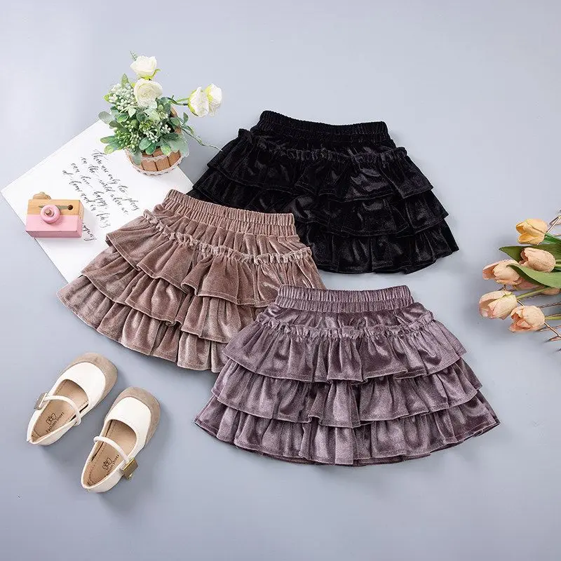 2026 Winter Girls Velvet Cake Skirt Elastic Waist Ruffled Short Skirt Fashion Kids Party Half Skirt Black Red Purple