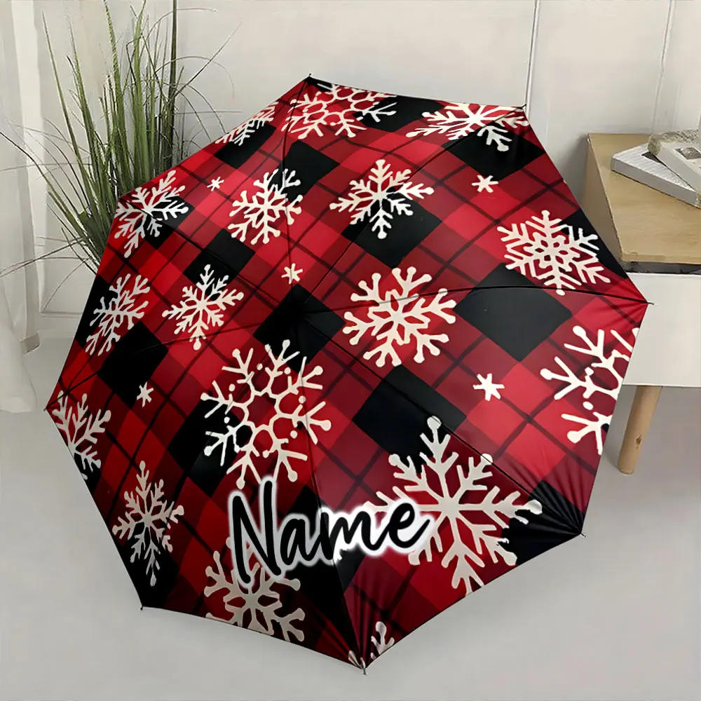 Custom Name  Snowflake Patterns on a Red Plaid Umbrella Design Print 8 Iron Ribs Folding Umbrella Auto-Open Fashion Sunshade