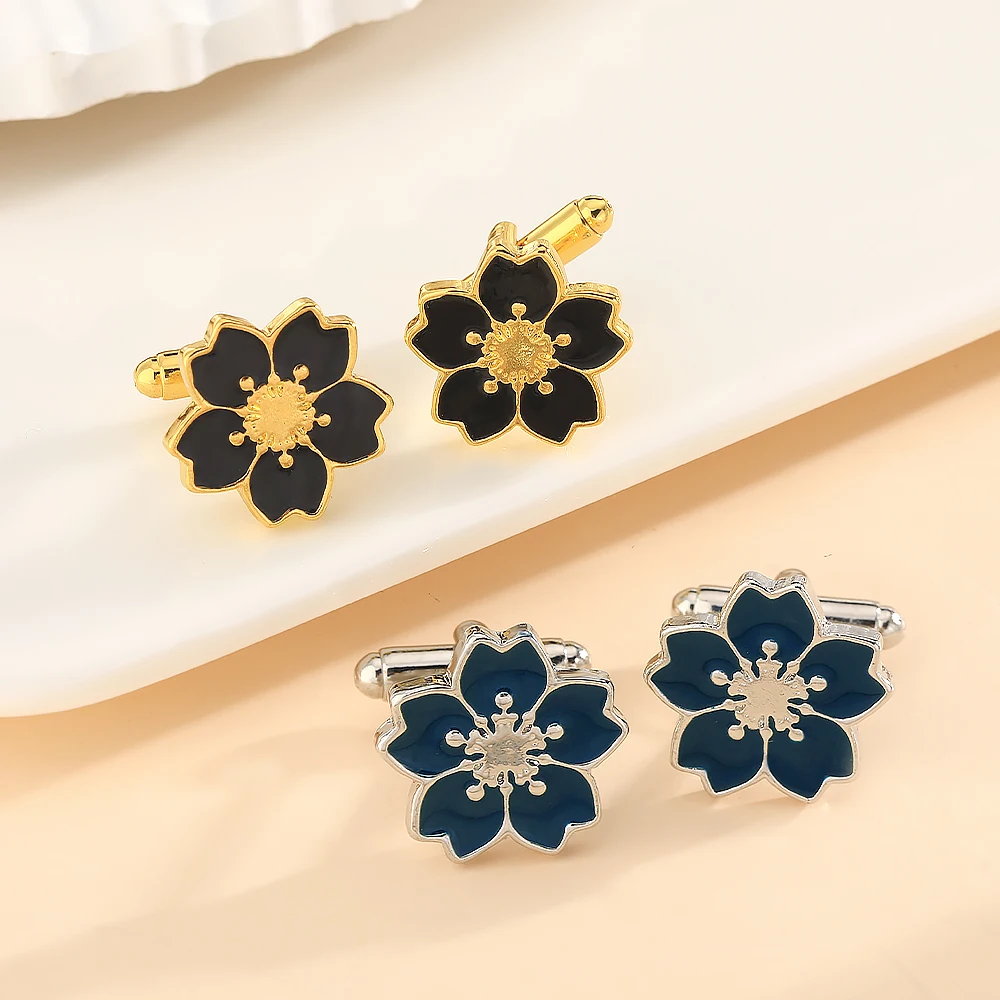 2Pcs Pretty Plum Blossom Shaped Golden Mens Cufflinks Funny Flower Pattern Sakura Sleeve Button Party Jewelry