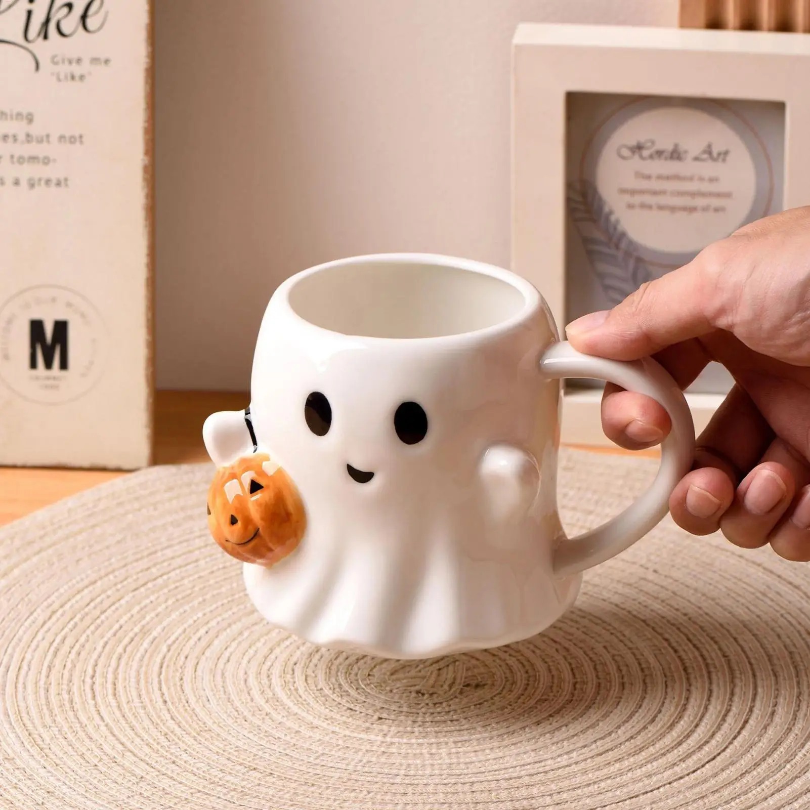 

Cute Halloween Pumpkin Ghosts Ceramic Mugs Ceramic Drinking Glass With Handle Halloween Funny White Ghosts Coffee Cup