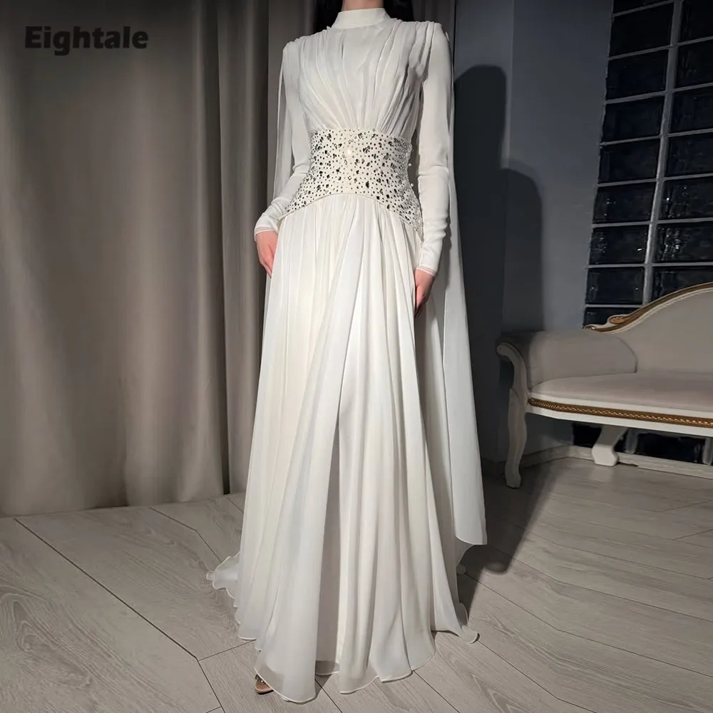 Eightale Arabisches Hochzeitskleid mit hohem Kragen, maßgeschneidertes elfenbeinfarbenes, perlenbesetztes Brautkleid mit langen Ärmeln und Strass-Braut-Partykleid