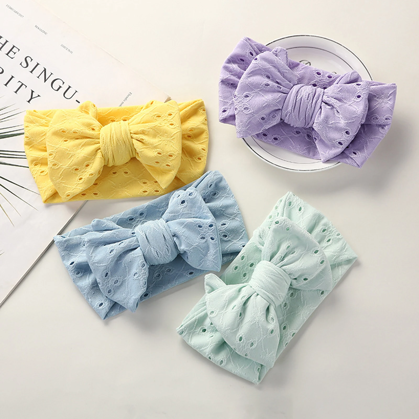 2022-04-23 Lioraitiin Newborn Baby Hair Band Embroidered Lace Hollow Hole Stretch Bow Headband Photo Props Birthday Present