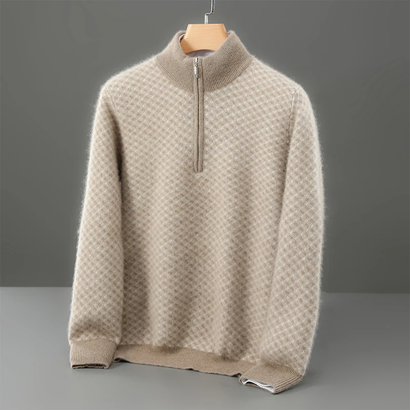 Autumn Winter New Men's Half Zipper Pullover 100% Merino Wool Knitted Sweater Casual Jacquard Half High Neck Men's Clothing Warm