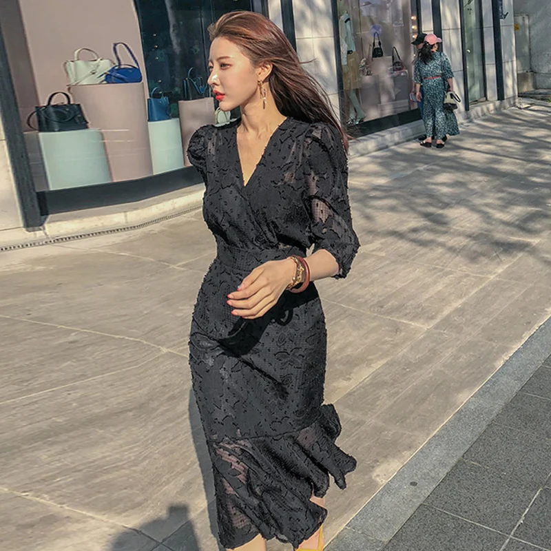 تنورة Fall V-ne Fi-tail Dr Bla للتخسيس عالية الخصر كورية Sle للسيدات تنورة متوسطة الطول تشبه سيدة أنيقة