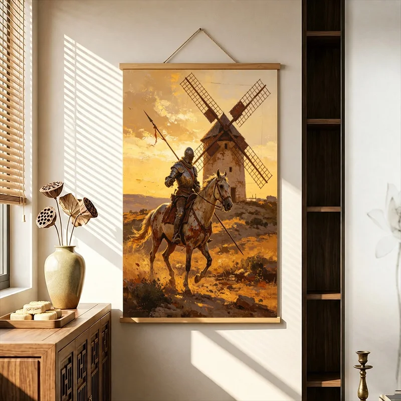 Wall Art Wandering Knight and Windmill, Vintage Literary Pearlescent Canvas Hanging Scroll Decor for Independent Bookstore