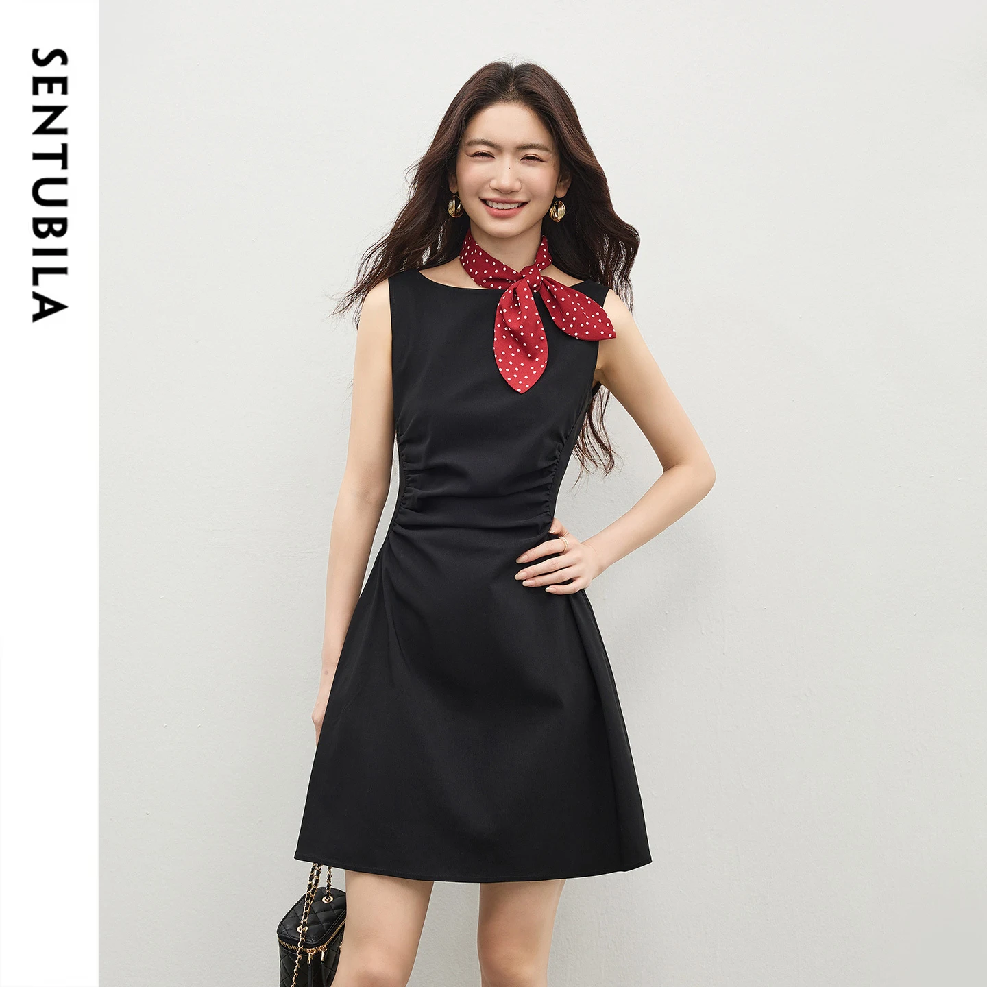 SENTUBILA Women's Elegant Black Summer Dress 2026 Off Shoulder Sleeveless Pleated Minimalist A Line Tank Mini Dress 162LP6629