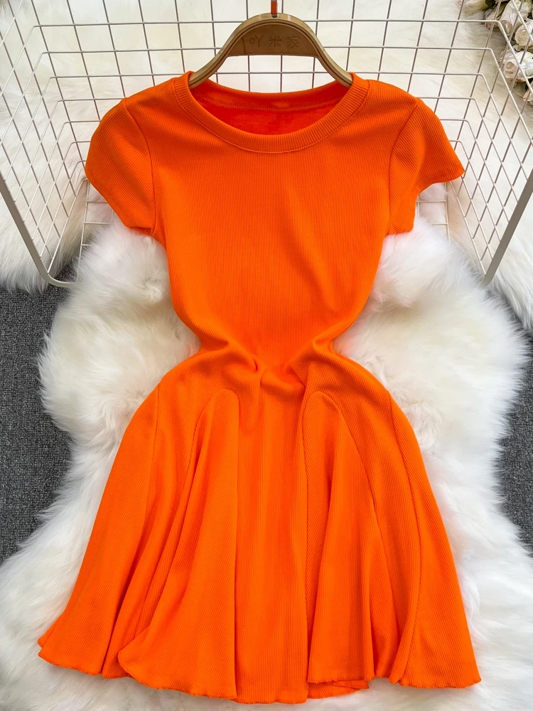 Sommer Faion Koreanische Sle ort Sve runde Ne Abnehmen A-Line Puffy Dr Hot Girl Reine Farbe Hohe Taille ort Dr