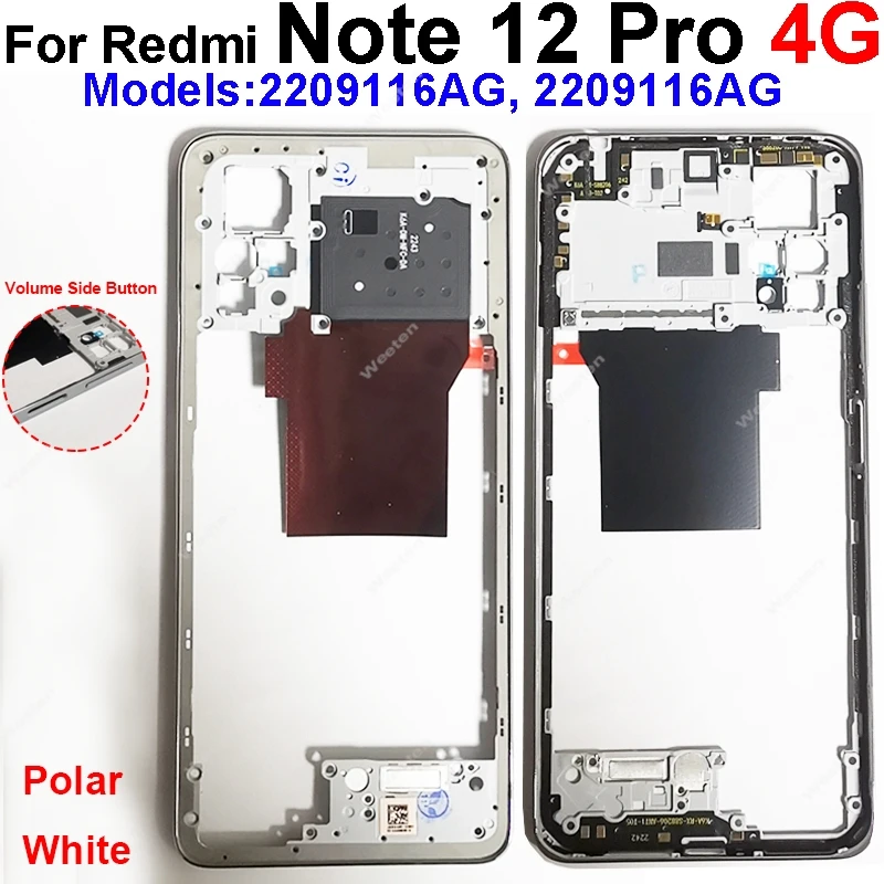 Middle Frame Housing For Xiaomi Redmi Note 12 12s Pro 4G Middle Frame Bezel Holder Cover with Side Buttons Parts