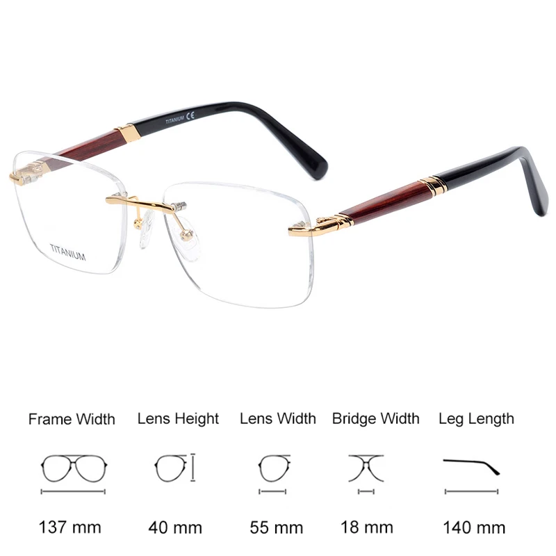 HDCRAFTER Titanium Rimless Glasses Frame Men Wooden Optical Eyeglasses Frame Prescription Myopia Hyperopia Eyewear spectacles