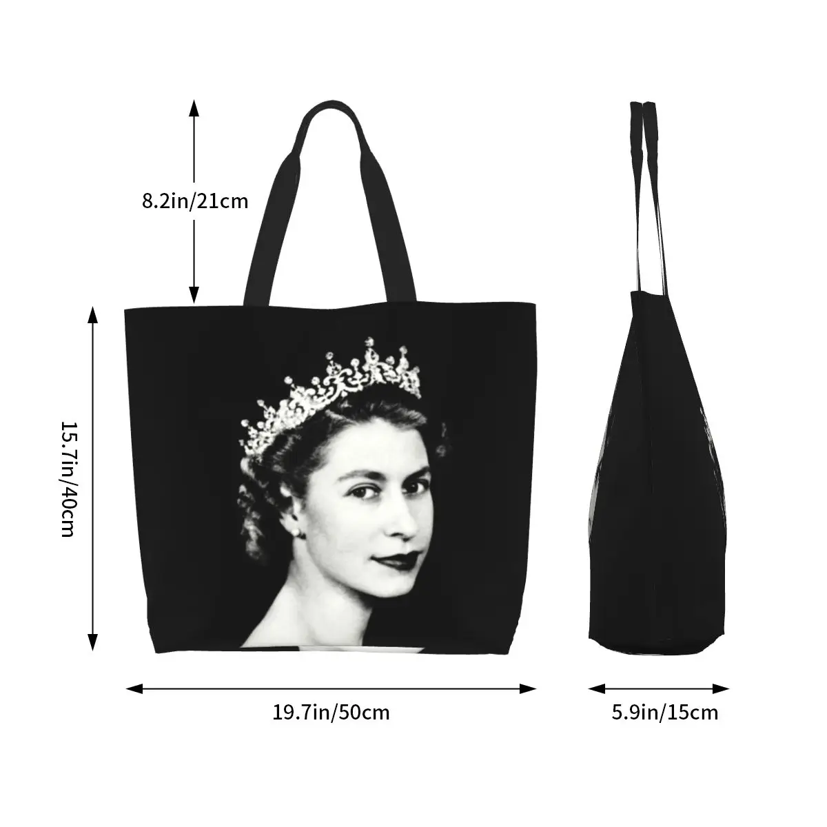 Saco de compras reutilizável de grande capacidade para mulheres, sacolas, retro rainha Elizabeth II, Royal, Reino Unido, mercearia