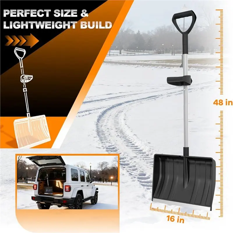 BHTS-Aluminum Strip D-Grip Handle Snow Pusher Shovel For Driveway Car Garage, Snow Removal Plow Ergonomic