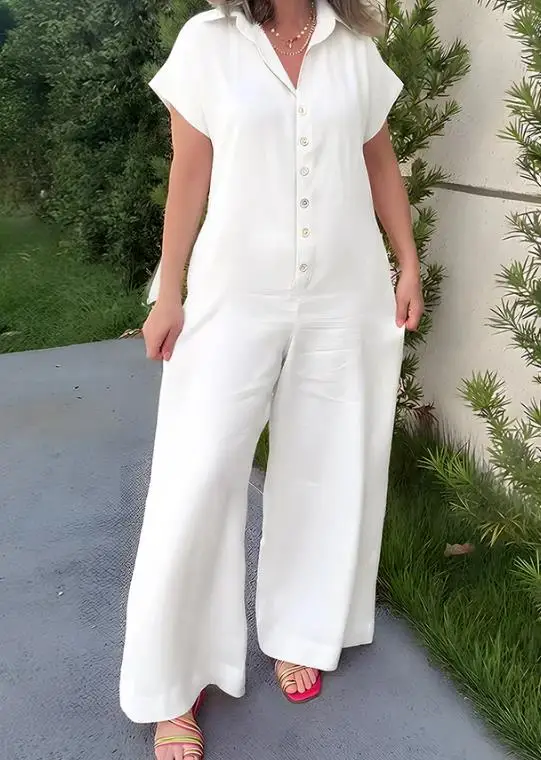 

Jumpsuit Women 2026 Spring New Turn-Down Collar Short Sleeve Button Front Breathable Overalls Casual Wide Leg Linen Jumpsuit