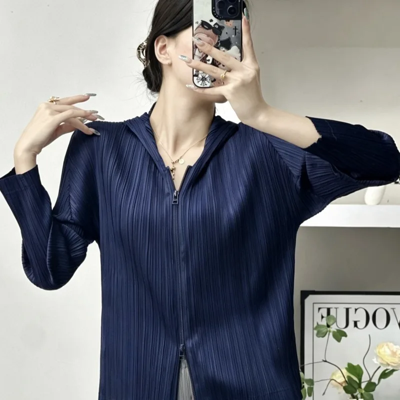 Pleated Hooded Cardigan with Two-Way Zipper Solid Color Commuter Top Simple Casual Draped Elastic Women's  Autumn Clothing