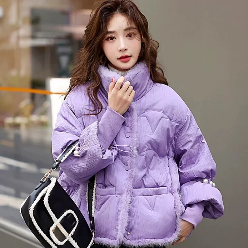 

Winter Jackets for Women 2024 New Puffer Coats Lightweight Standing Collar Outerwears Light Luxury Pearls Short Down Jackets