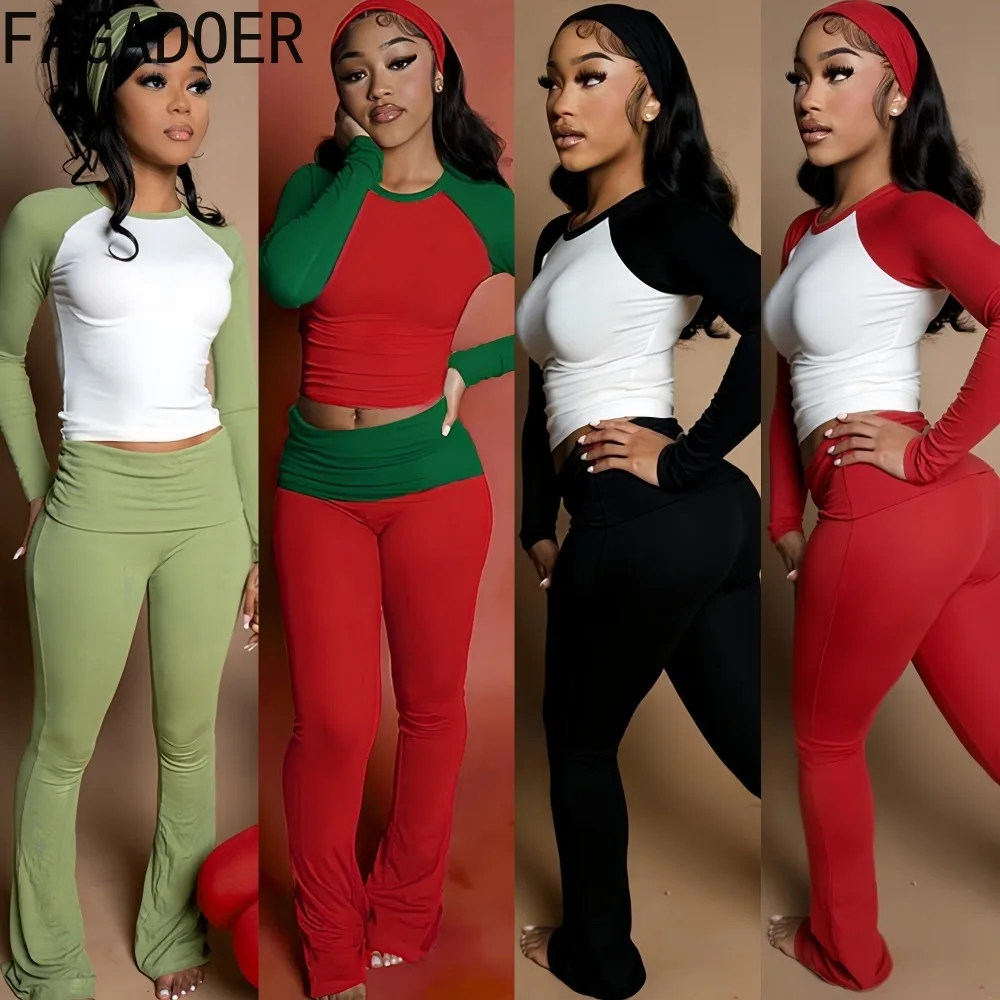 طقم موضة مكون من قطعتين من FAGADOER لملابس النساء بأكمام طويلة وسراويل قصيرة عالية الخصر ملابس خروج نسائية جديدة